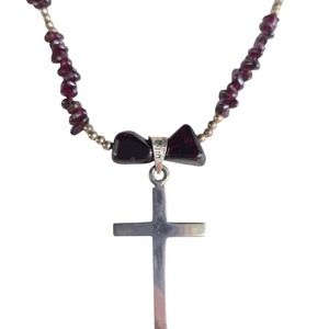 Taxco‎ 925 Rhodolite Garnet Bead Necklace Sterling Cross Pendant Vtg Religious